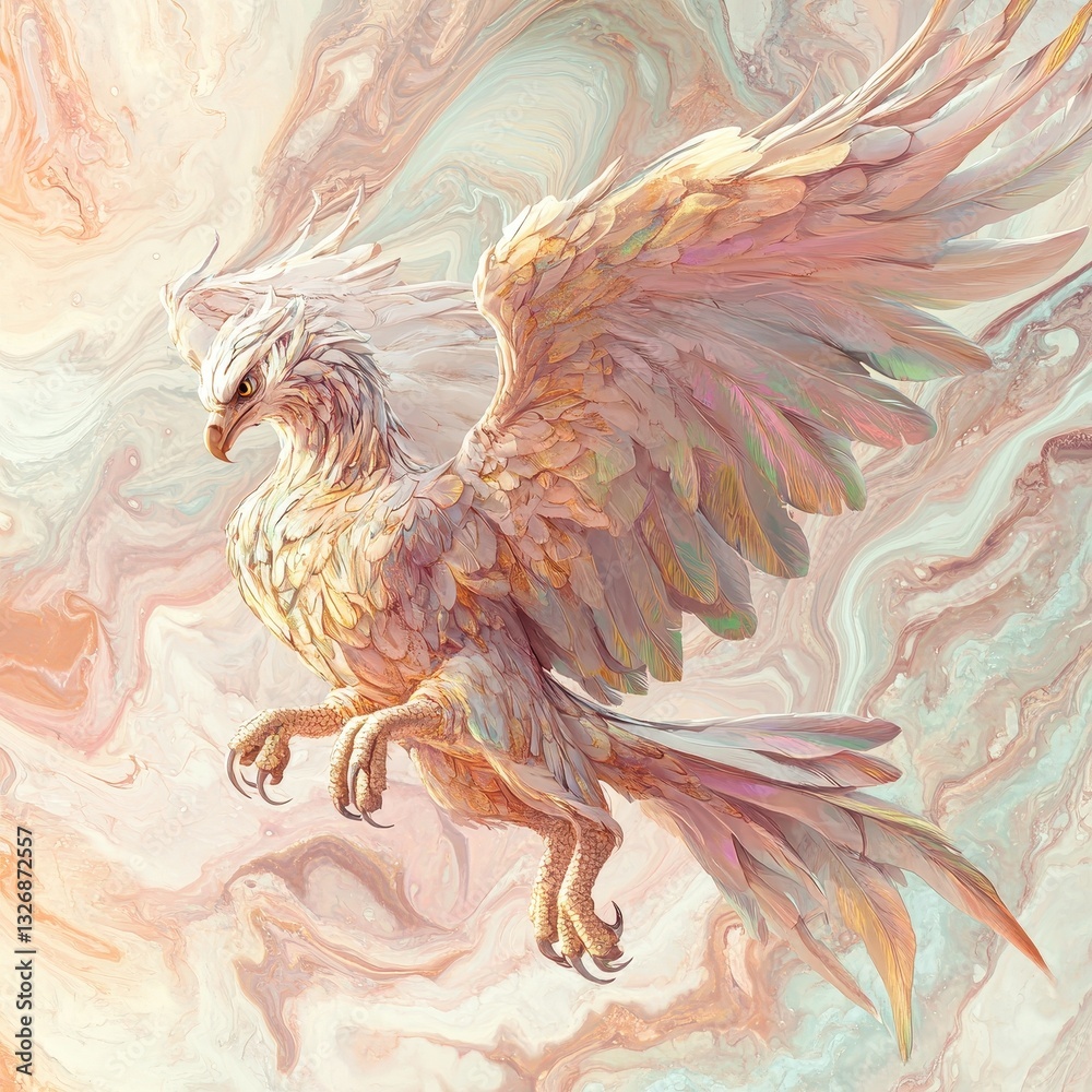 Obraz premium A mythical creature with iridescent feathers is soaring gracefully