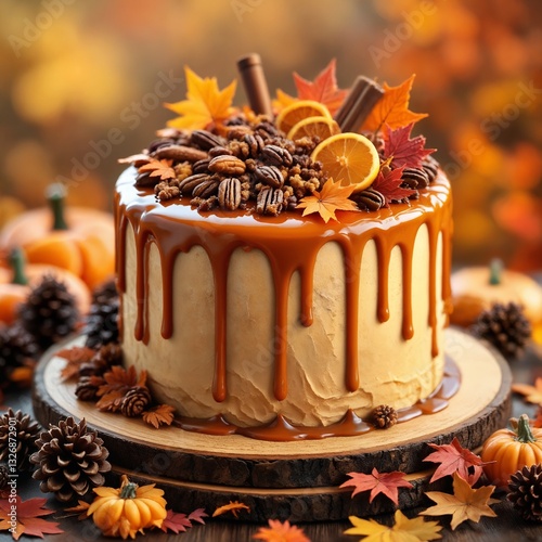 Rustikale Herbsttorte mit Karamellglasur, gewürzter Kürbis-Buttercreme, kandierten Pekannüssen, getrockneten Orangenscheiben und Zimtstangen auf Holzplatte mit herbstlicher Dekoration.