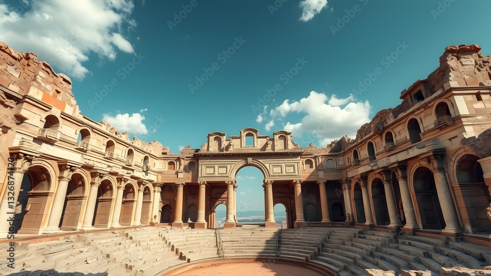 Fototapeta premium An ancient amphitheater showcases impressive architecture under a blue sky with clouds, highlighting its historical significance and majestic structure. 