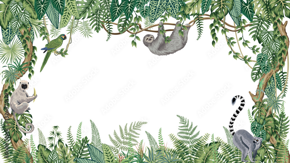Lemur, sloth animal, parrot, lizard, tropical palm leaves, liana, fern, plants, tree botanical frame. Exotic jungle banner.	
