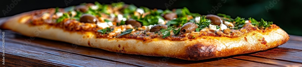 Long Pizza with Olives Feta and Fresh Parsley on Crispy Crust. Generative AI Long Pizza with Olives Feta and Fresh Parsley on Crispy Crust. Generative AI