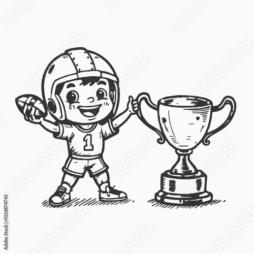 Little Football Star Celebrating Victory. Cute Sports Cartoon Artwork. Sketch vintage vector illustration