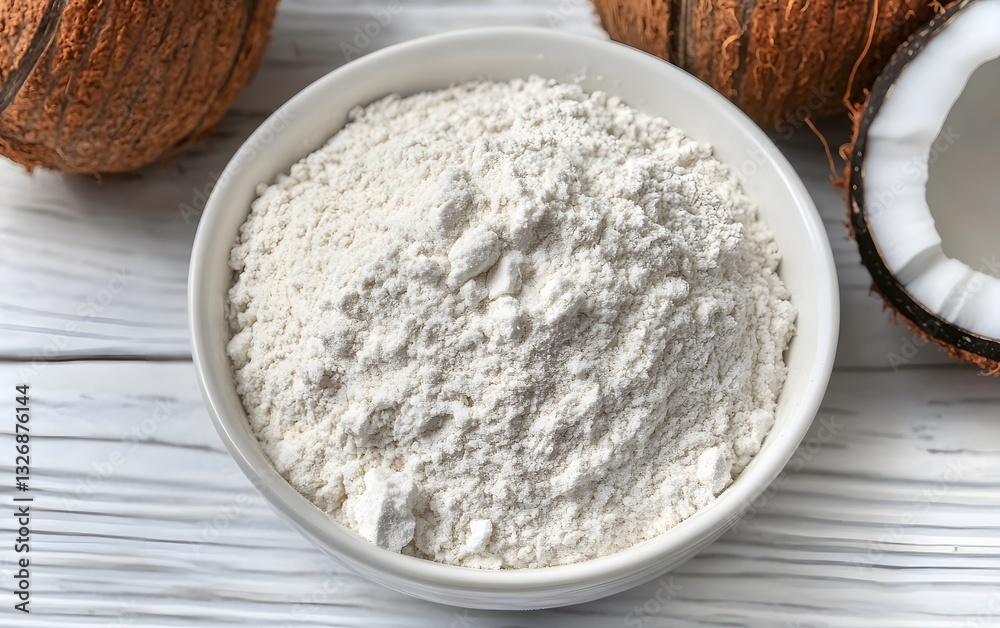 Closeup of Bowl of Coconut Flour with Coconuts