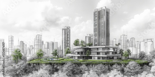 Residential building and house concept in a city scape with one line drawing on white background