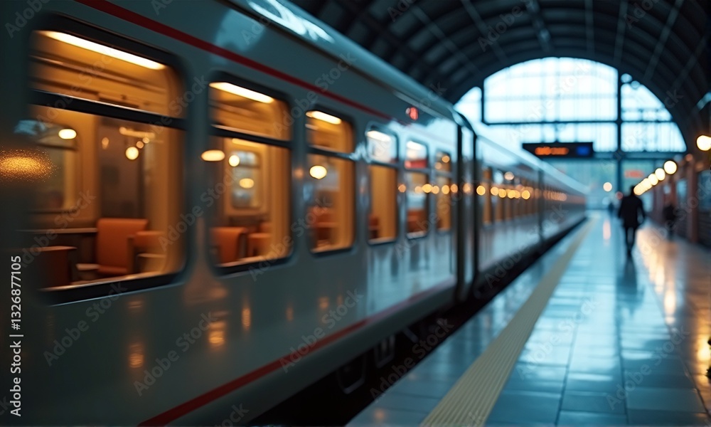 Fototapeta premium Train Station Interior with Blurred Train and Passengers at Dusk