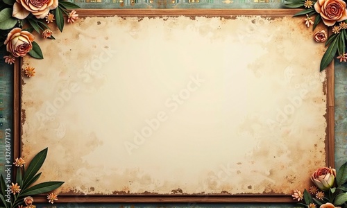 Vintage Styled Blank Frame with Flowers and Decorative Elements