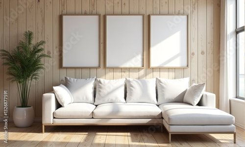 Stylish Minimalist Living Room with White Sofa and Blank Frames