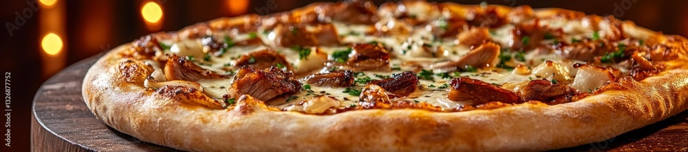 Wood-Fired Pizza with Duck Confit and Roasted Shallots. Generative AI Wood-Fired Pizza with Duck Confit and Roasted Shallots. Generative AI