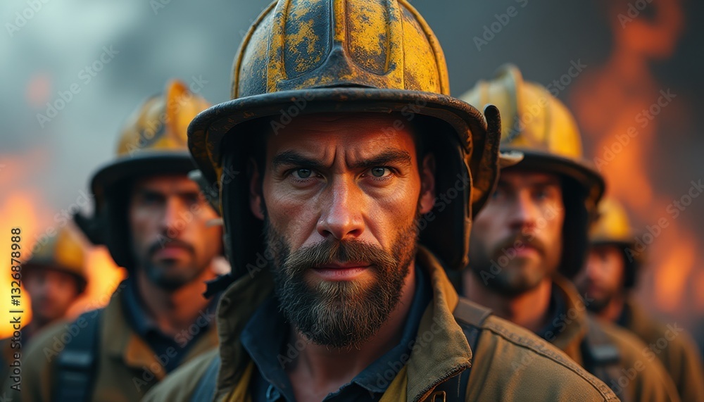 Group of firefighters prepare for action during a wildfire at sunset in a dramatic landscape