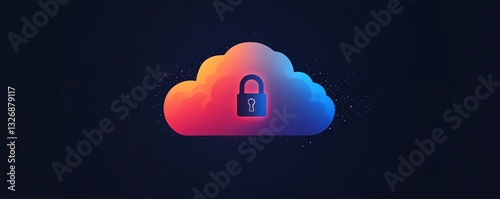 Stylized cloud icon with integrated padlock, abstract design symbolizing cloud security, cybersecurity protection, data privacy in cloud computing environments