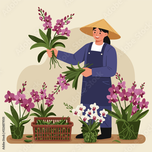 Woman Arranging Orchid Flowers in Pots and Basket, Gardening Concept