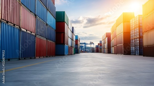 Wallpaper Mural Cargo shipping containers stacked in a vibrant cargo yard against a sunset skyline : Generative AI Torontodigital.ca