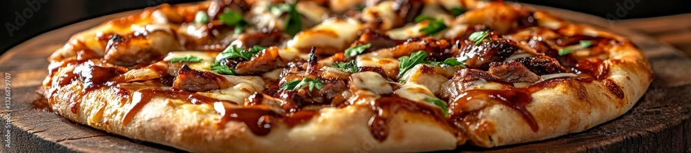 BBQ Brisket Pizza with Fresh Garnish and Rich Barbecue Sauce. Generative AI BBQ Brisket Pizza with Fresh Garnish and Rich Barbecue Sauce. Generative AI