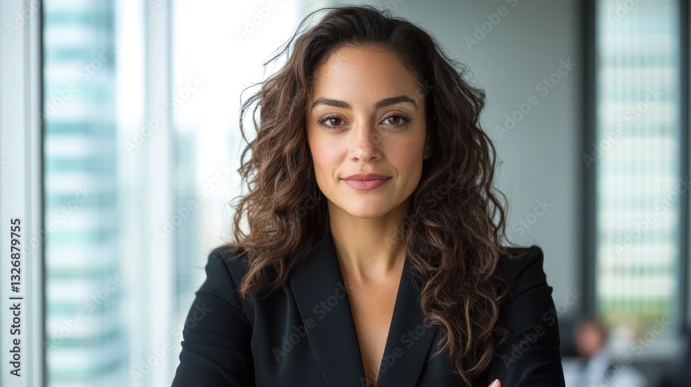 A confident businesswoman poses elegantly in an office, showcasing her professionalism and determination against a backdrop of modern city skyscrapers and natural light. A confident businesswoman poses elegantly in an office, showcasing her professionalism and determination against a backdrop of modern city skyscrapers and natural light.