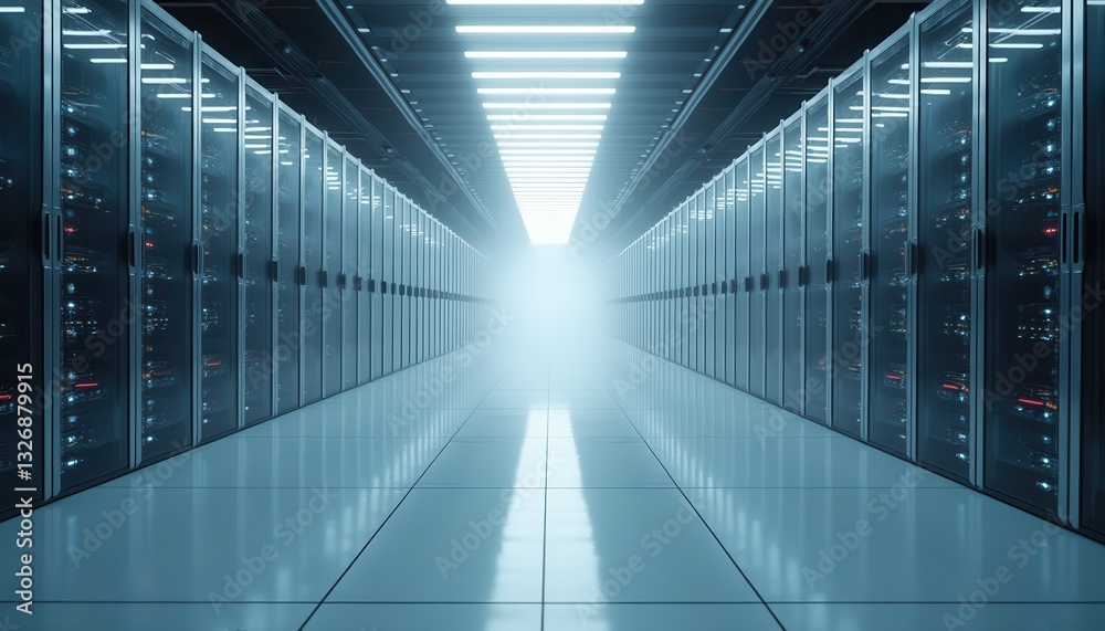 Obraz premium Vast ultra modern data center with rows of servers and glowing lights creating an ethereal atmosphere