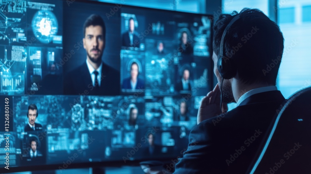 Businessman Analyzing Digital Data with Multiple Screens in Office Businessman Analyzing Digital Data with Multiple Screens in Office