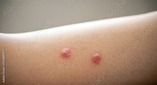 Close-up of skin rash showing two raised red bumps on human arm