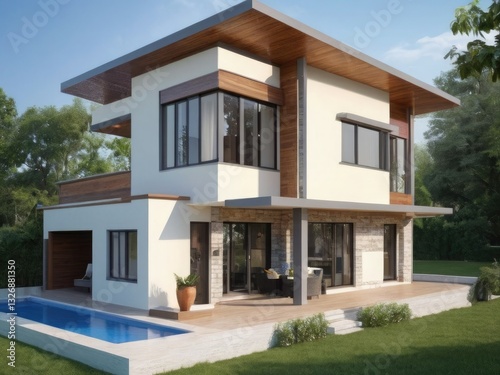 A Modern Dream Home Nestled In Lush Greenery  Showcasing Sleek Architecture And Expansive Windows  Bathed In Warm Sunlight