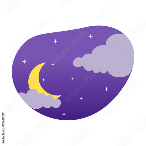 Vector Night Icon. Moon and Clouds in Starry Sky