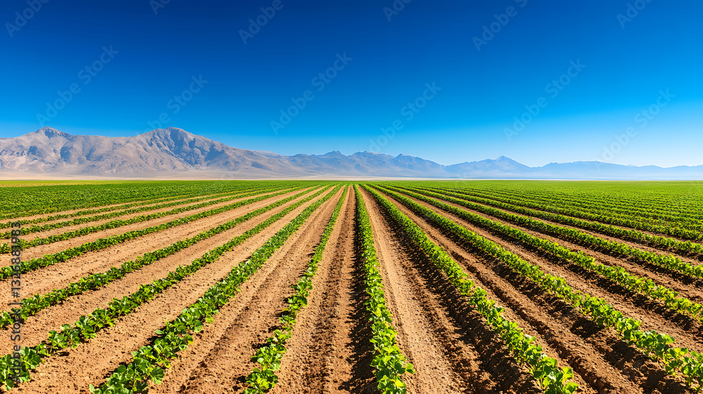 A vast agricultural field with neatly arranged rows of crops under a bright blue sky and distant mountains A vast agricultural field with neatly arranged rows of crops under a bright blue sky and distant mountains