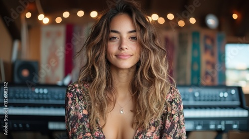 Wallpaper Mural A cheerful young woman with curly hair smiles warmly in a colorful music studio filled with instruments, embodying joy and a love for creativity in her environment. Torontodigital.ca