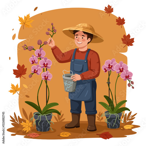 Gardener Tending to Orchid Flowers Wearing Hat and Overalls Illustration