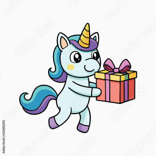 Happy unicorn with gift box and confetti rainbow. minimalist head logo, Icon, element. Vector illustration