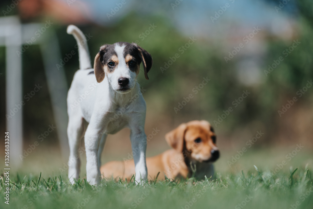 Two cute puppies enjoying a playful day outdoors. One is in focus while the other rests in the background, showcasing a delightful portrait of youthful energy and friendship. Two cute puppies enjoying a playful day outdoors. One is in focus while the other rests in the background, showcasing a delightful portrait of youthful energy and friendship.