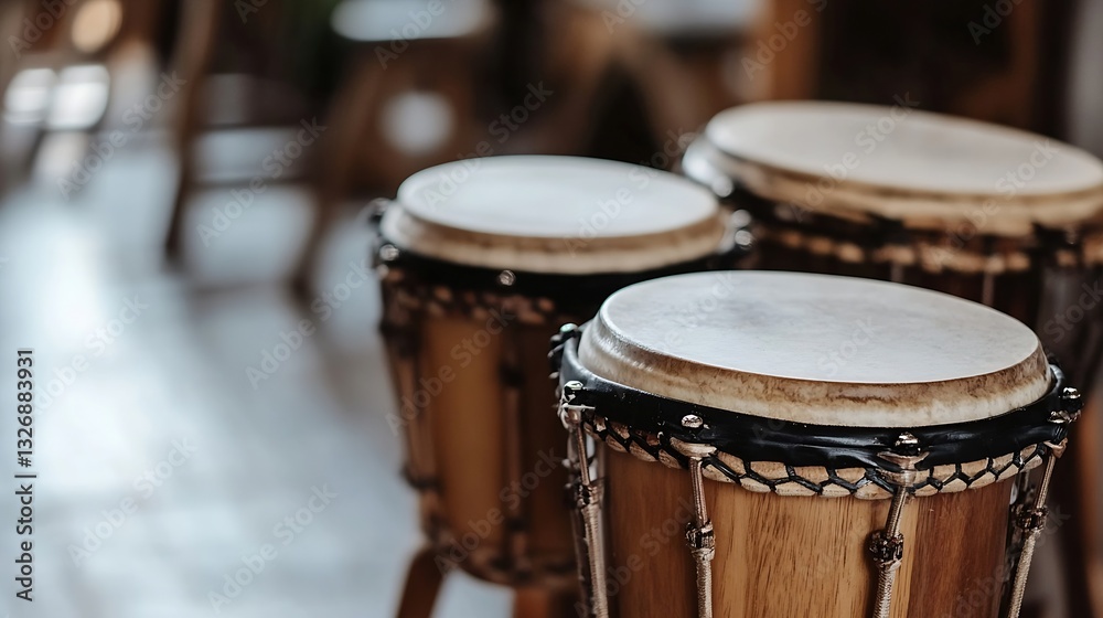 Fototapeta premium Three conga drums in a cozy wooden setting highlighting their craftsmanship and musical potential : Generative AI