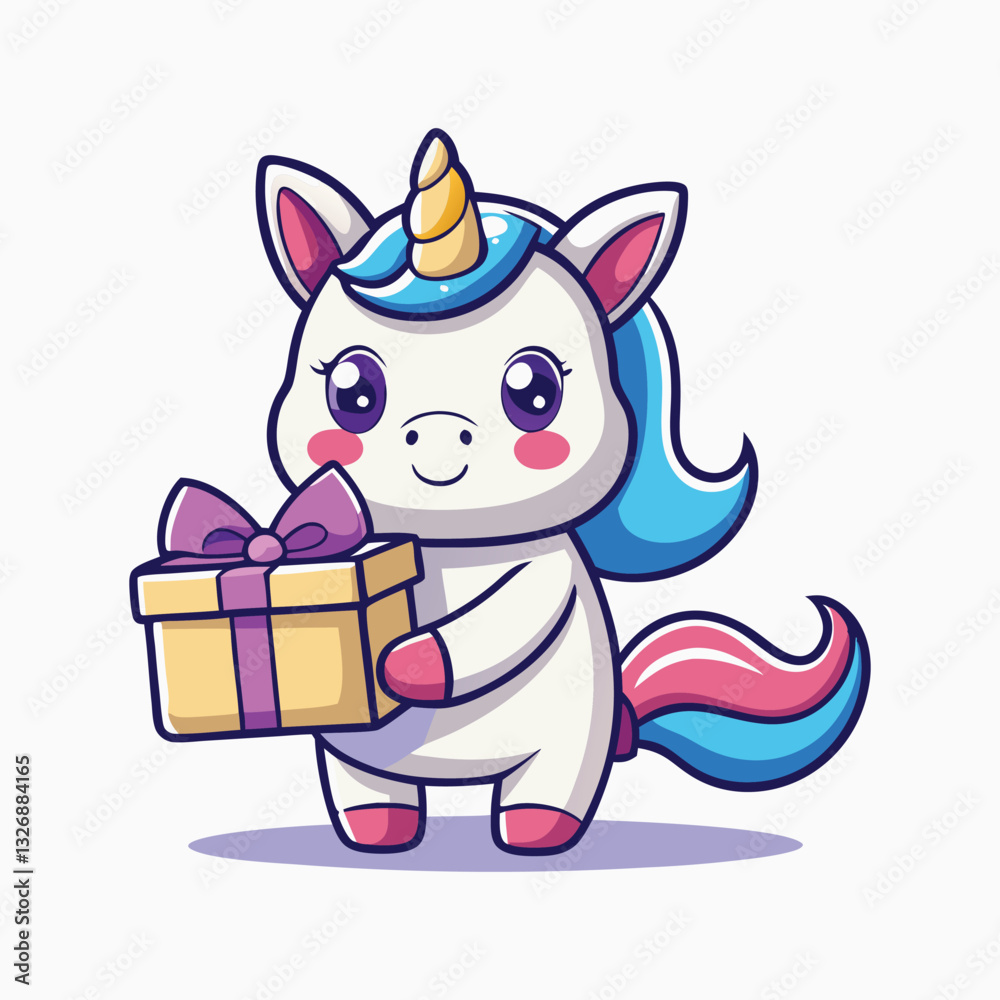 Fototapeta premium Happy unicorn with gift box and confetti rainbow. minimalist head logo, Icon, element. Vector illustration