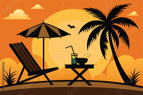 Silhouette of wooden chaise lounge, palm tree on beach. Umbrella and table with coconut and cocktail. vector illustration in flat design