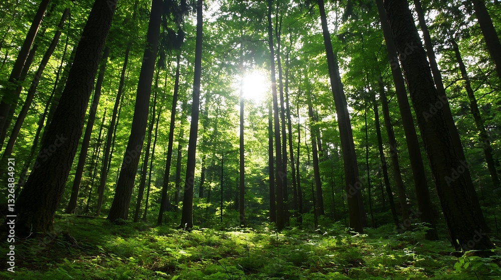 Obraz premium Majestic Sunlight Filtering Through Tall Trees in a Dense Forest with Lush Greenery and Serenity : Generative AI