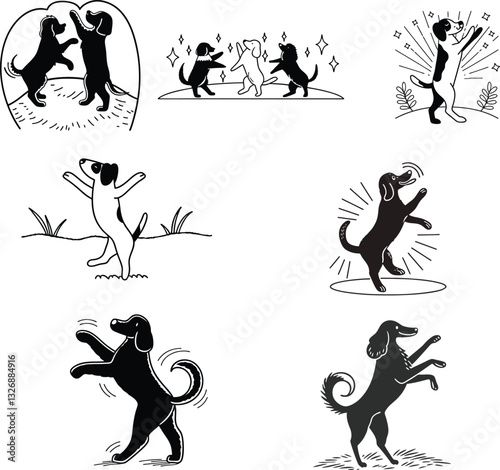 A set of vector silhouette dog dancing and playing 