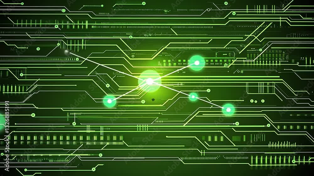 Abstract green technology background with glowing lines and nodes representing digital connections