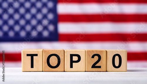 Wooden cubes with text TOP 20 on table in front of blurred American flag. The USA. Minimalist design photo