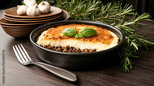 A freshly baked casserole dish with herbs and ingredients arranged