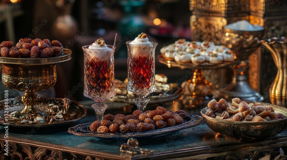 Obraz premium Golden Spiced Drinks and Festive Sweets Table