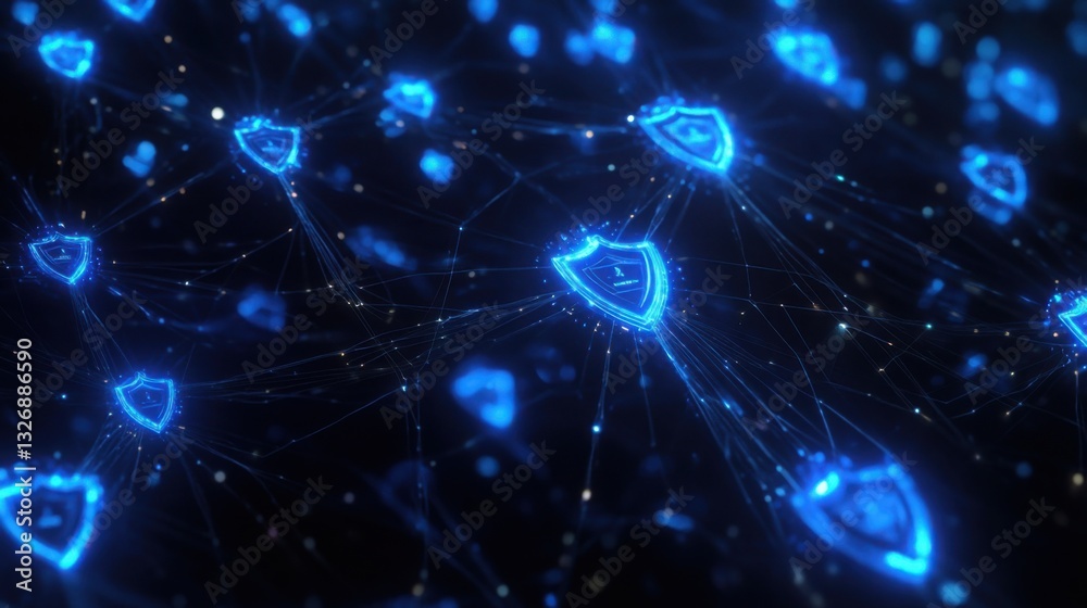 Blue Digital Shield Network with Connected Nodes and Glowing Effects Blue Digital Shield Network with Connected Nodes and Glowing Effects