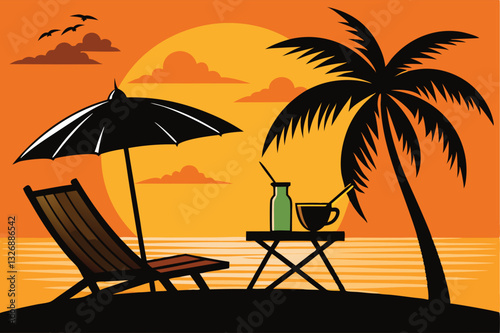 Silhouette of wooden chaise lounge, palm tree on beach. Umbrella and table with coconut and cocktail. vector illustration in flat design