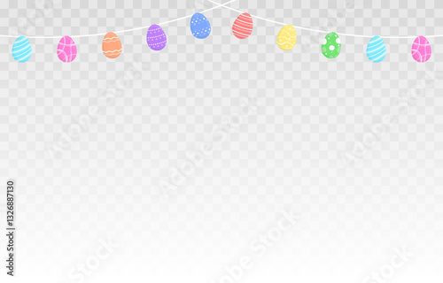 Vector Easter background with painted eggs. Hanging painted eggs png. Easter decoration.