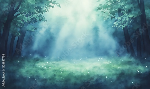 Serene forest scene with ethereal light filtering through trees and illuminating a misty landscape.