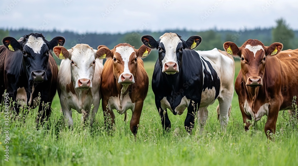 Herd of Cows Standing Together Under Overcast Sky in Green Pasture : Generative AI Herd of Cows Standing Together Under Overcast Sky in Green Pasture : Generative AI