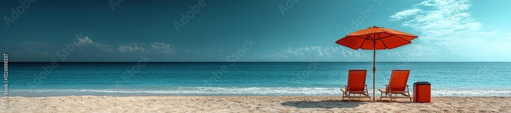 Relaxing Beachside with an Orange Umbrella and Lounge Chairs. Generative AI Relaxing Beachside with an Orange Umbrella and Lounge Chairs. Generative AI