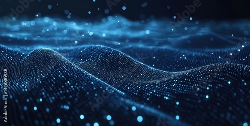 Abstract blue particles background forming wavy surface with bokeh effect