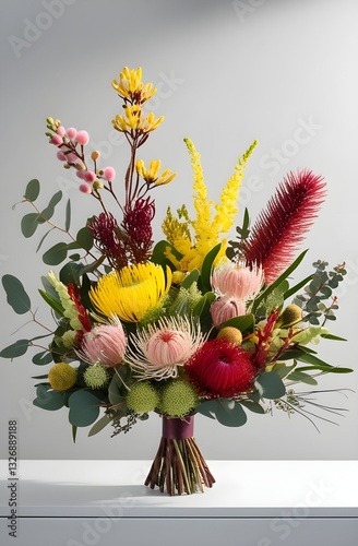 A vibrant arrangement of flowers showcases a variety of colors, including bright reds, yellows, and soft pinks. The bouquet features diverse floral shapes, with spiky and rounded elements 