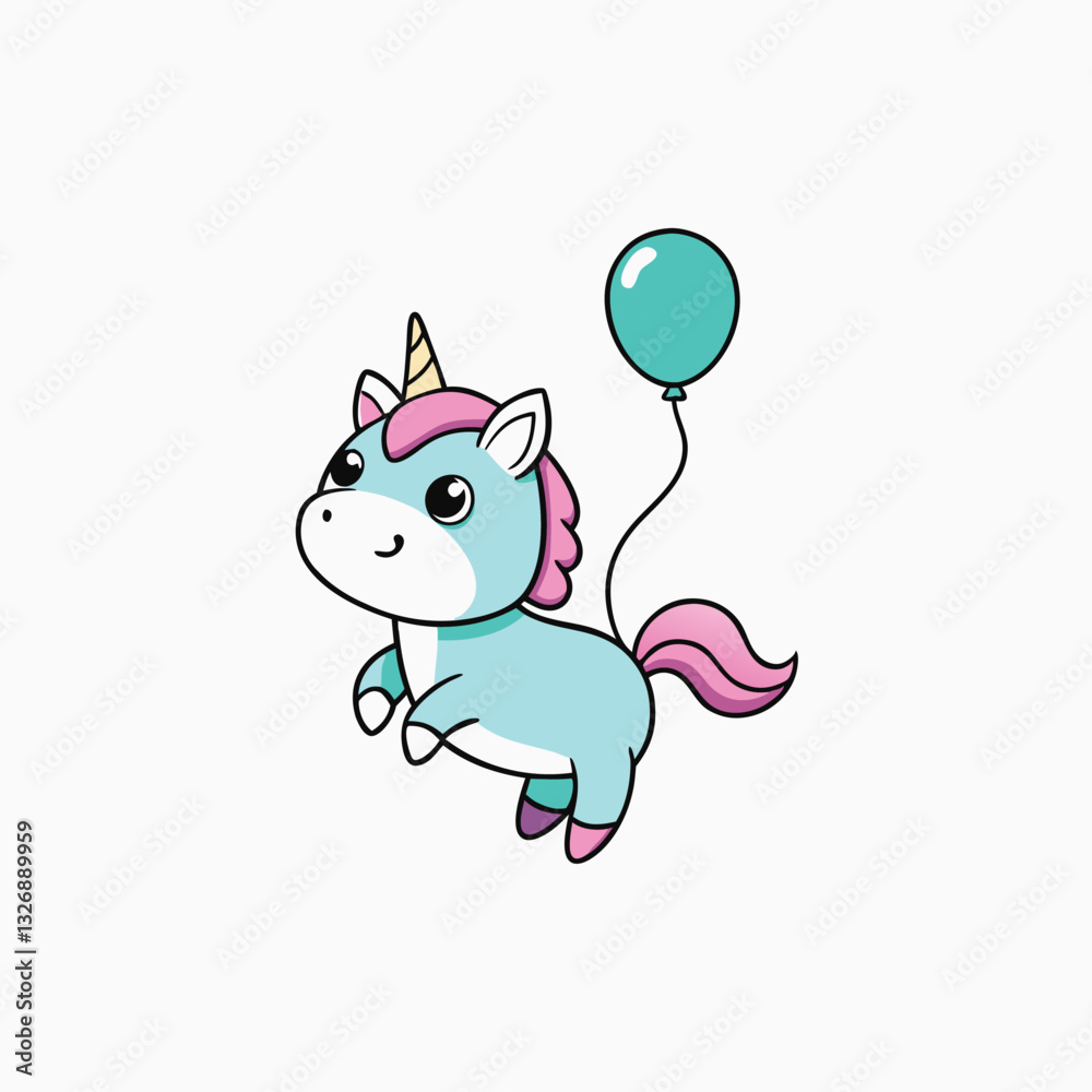 Fototapeta premium Cartoon Fantasy Unicorn Floating with a Balloon. Sweet Pastel Unicorn with a Balloon editable vector stroke saddle icon on white background