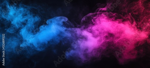 Pink and blue smoke creating abstract shapes against a black backdrop