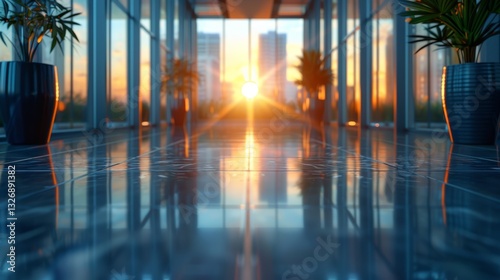 Sunlit Office Lobby with Modern Architecture and Glass Walls