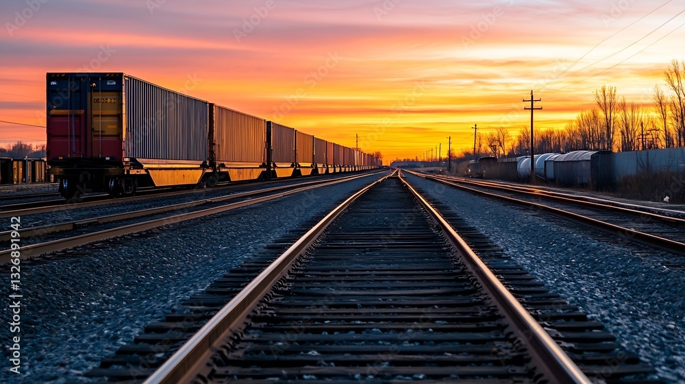 Fototapeta premium Freight train transporting containers at sunset along the railway tracks : Generative AI