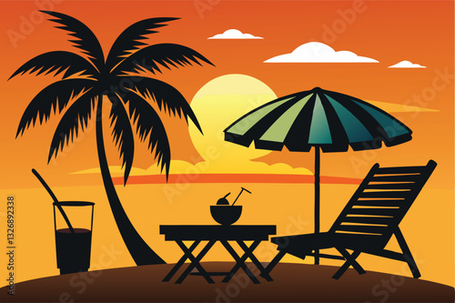 Silhouette of wooden chaise lounge, palm tree on beach vector
